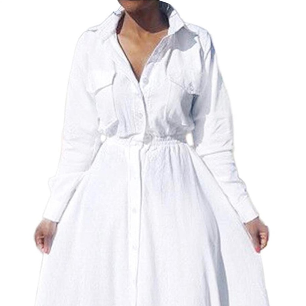 White Long sleeve button down maxi dress.